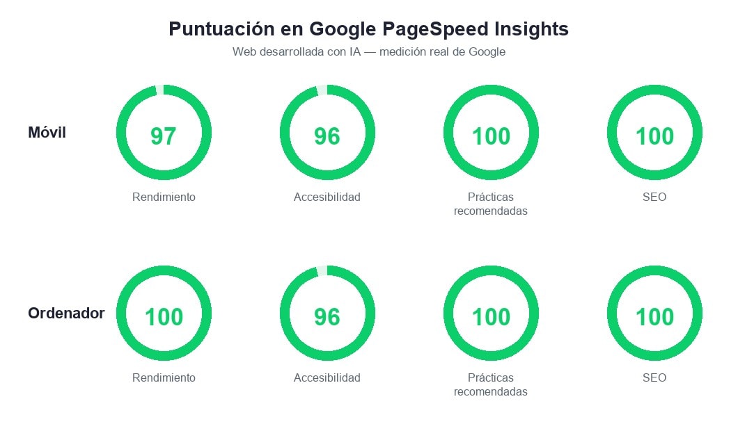 Puntuación en Google PageSpeed Insights de la web: 100 en ordenador y 97 en móvil, con SEO y prácticas recomendadas al 100
